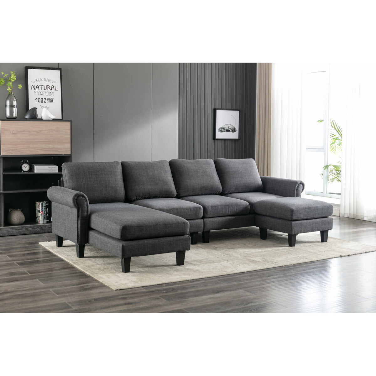Charcoal Grey Linen U-shape Sofa Set with Reversible Ottomans D315