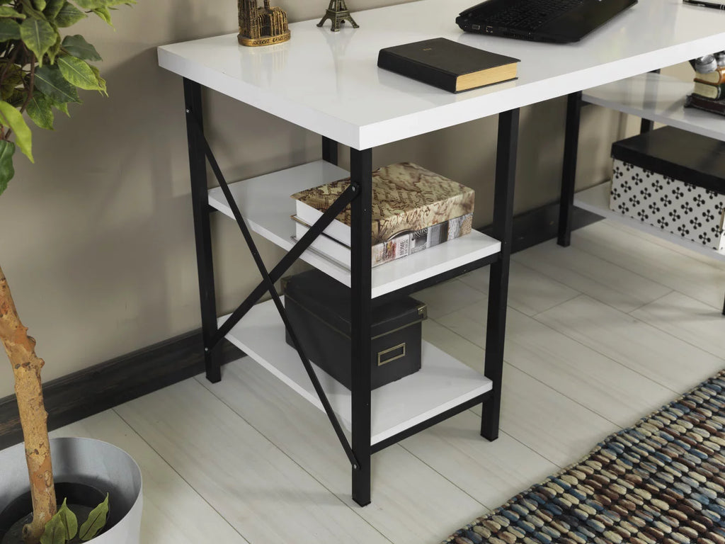 White 4 Shelves Metal Frame Wood Top Writing and Computer Desk U575