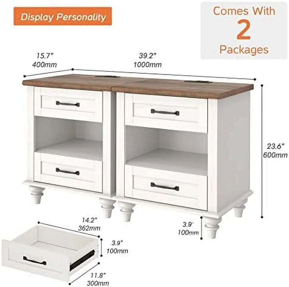 Farmhouse End Tables with Charging Station 2 Drawers Oak L77787