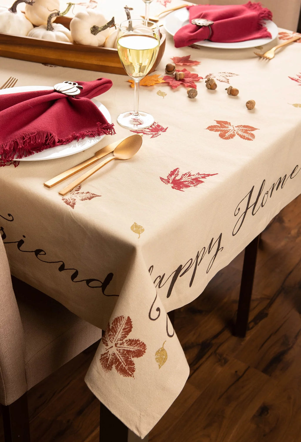 Ivory Rustic Leaves Print Rectangular Tablecloth 60" x 104" R348