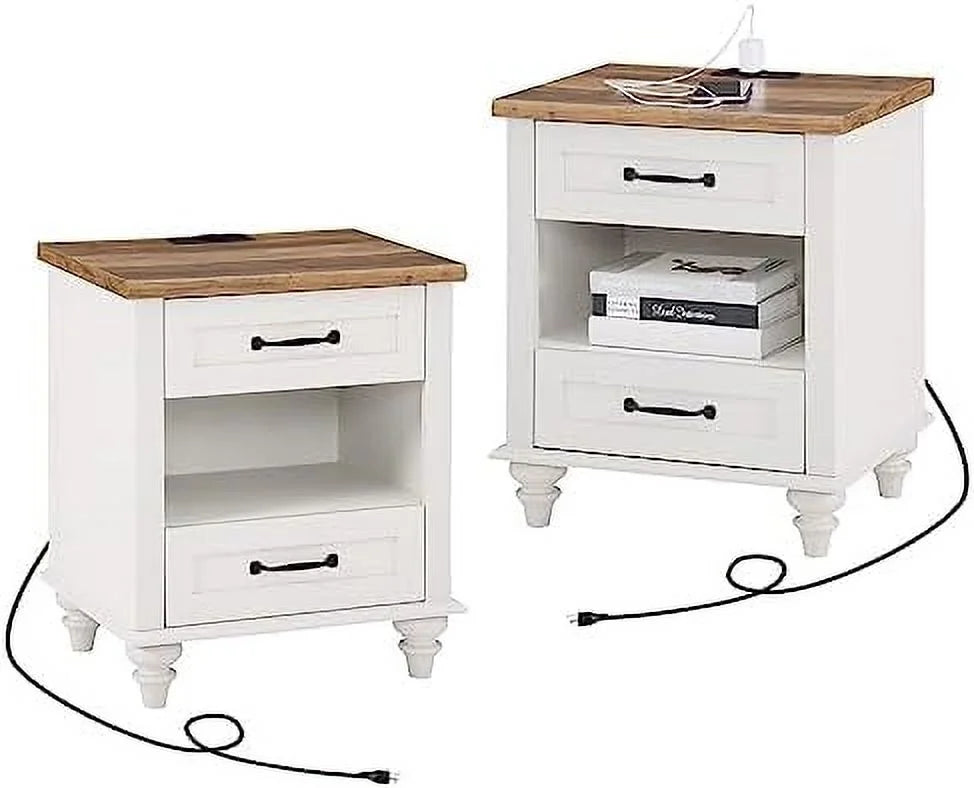 Farmhouse End Tables with Charging Station 2 Drawers Oak L77787