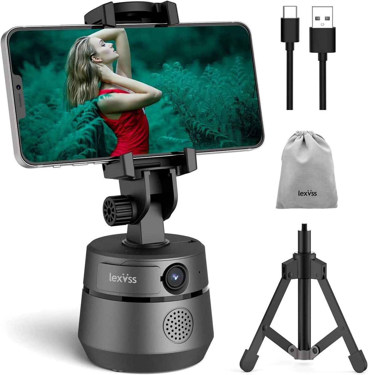 1080P Webcam with Microphone Tripod and Privacy Cover, 360° Rotation Phone Holder (Grey) B83341