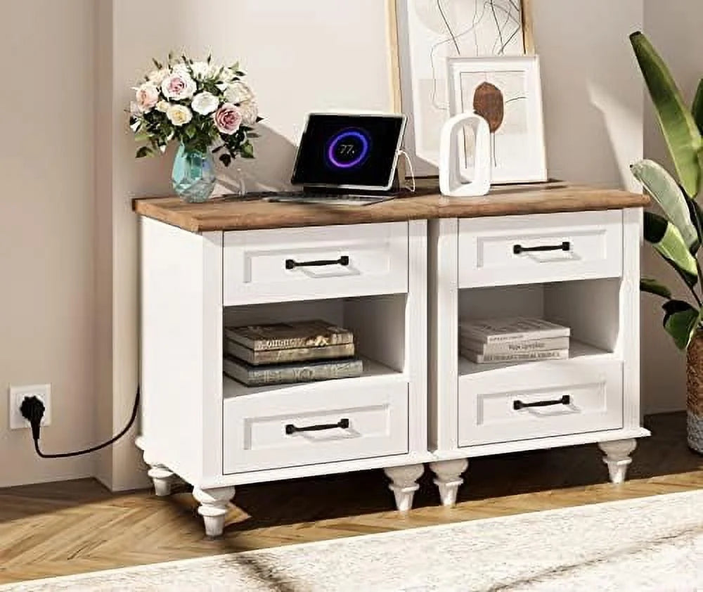 Farmhouse End Tables with Charging Station 2 Drawers Oak L77787