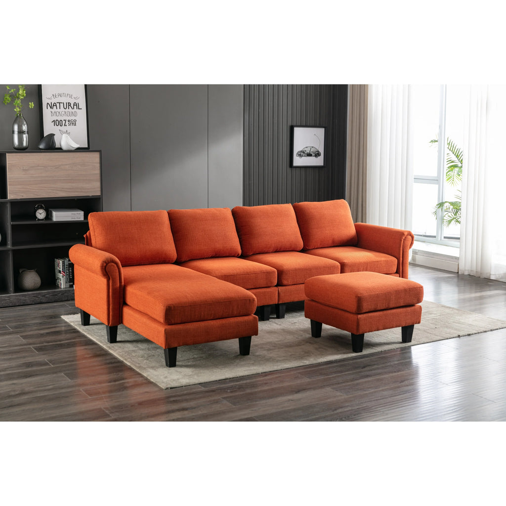Charcoal Grey Linen U-shape Sofa Set with Reversible Ottomans D315