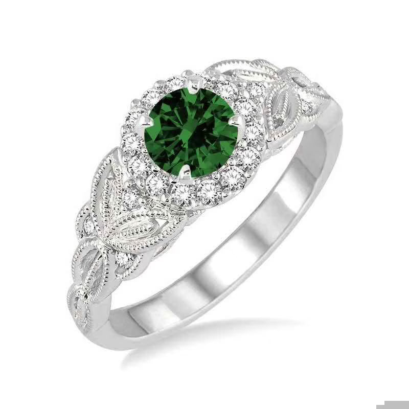 1.25 Carat Antique Round Cut Emerald and Diamond Engagement Ring in 14k White Gold O4225