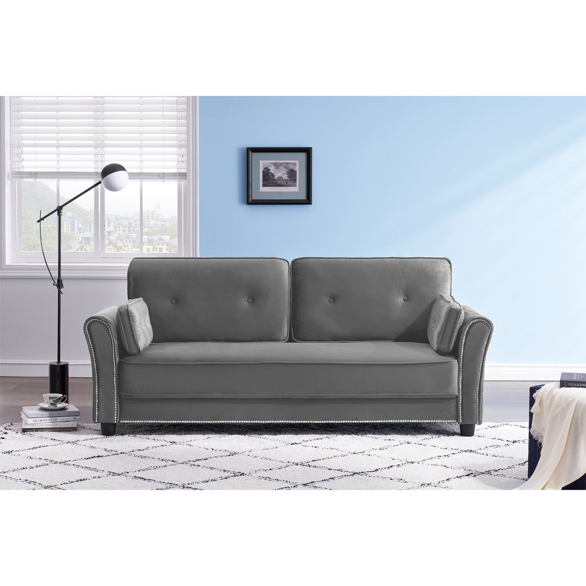 Grey Velvet Loveseat Sofa with Two Pillows X72641