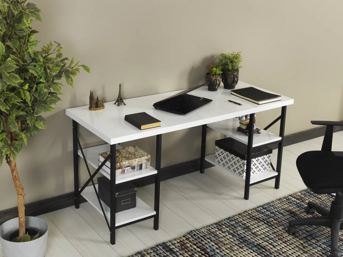 White 4 Shelves Metal Frame Wood Top Writing and Computer Desk U575