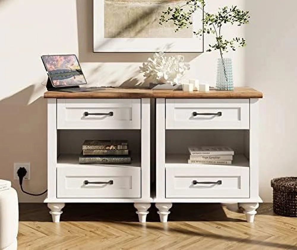 Farmhouse End Tables with Charging Station 2 Drawers Oak L77787