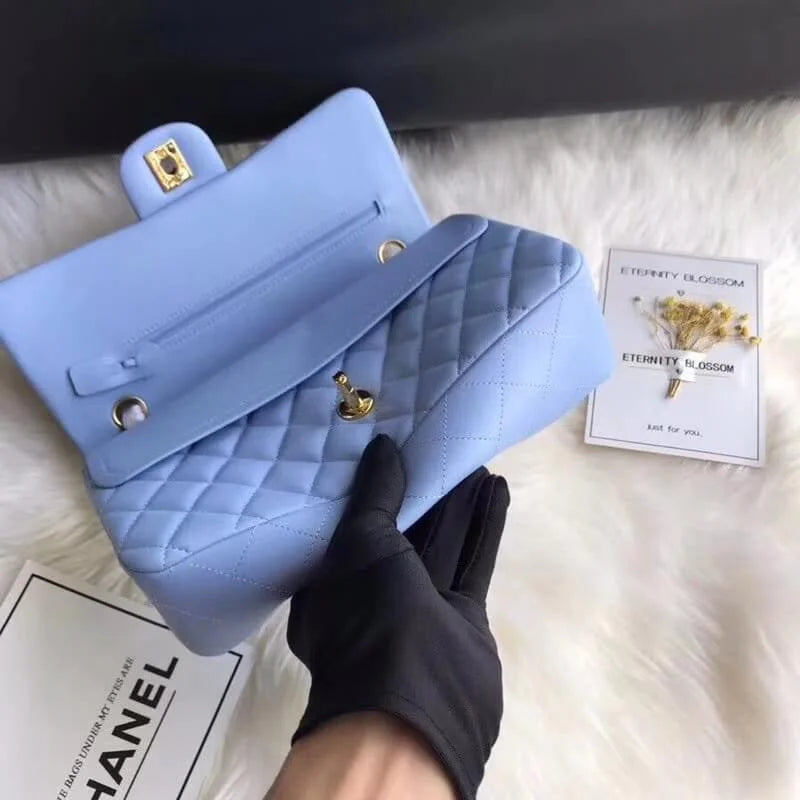 Blue Lambskin Leather Flap Bag J379