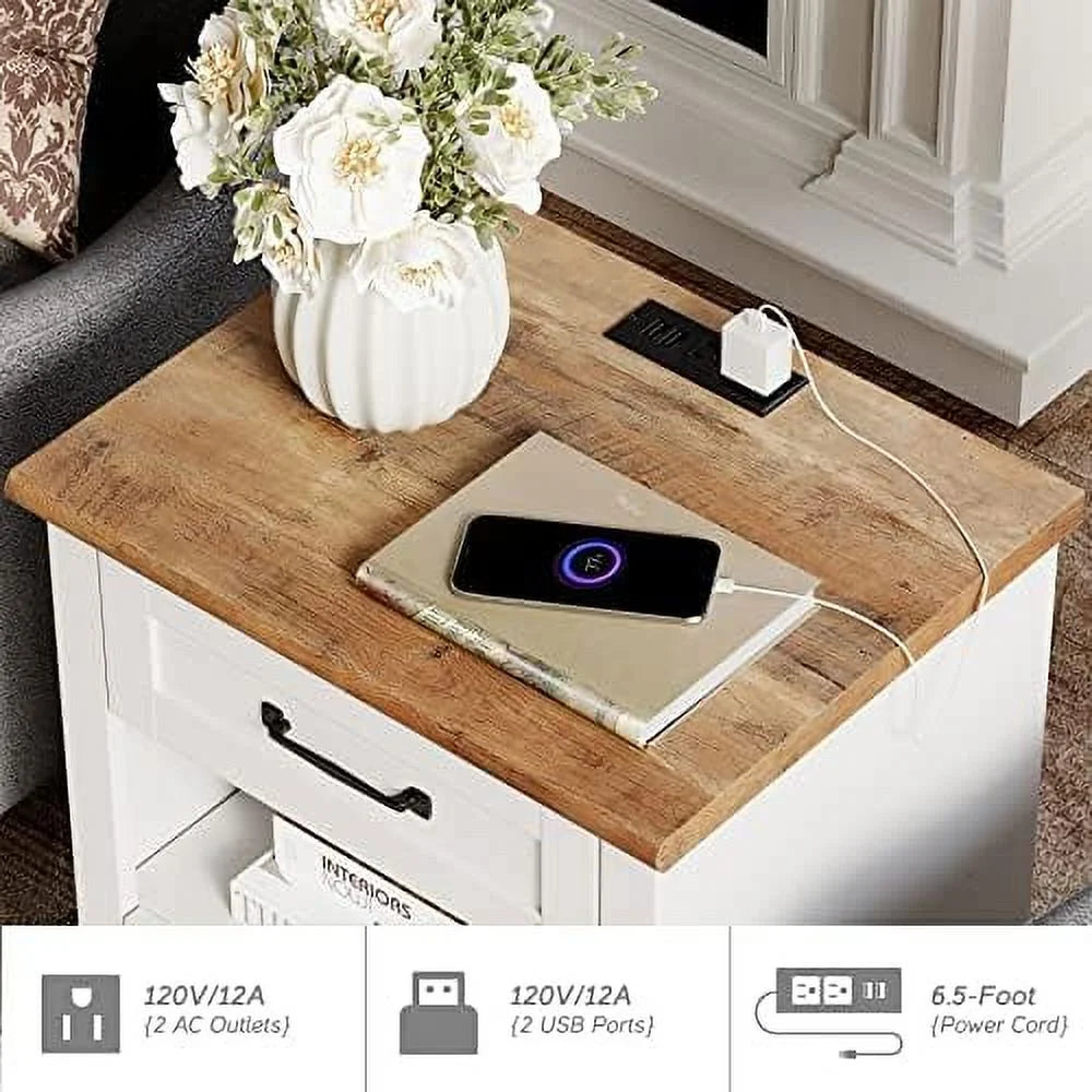 Farmhouse End Tables with Charging Station 2 Drawers Oak L77787