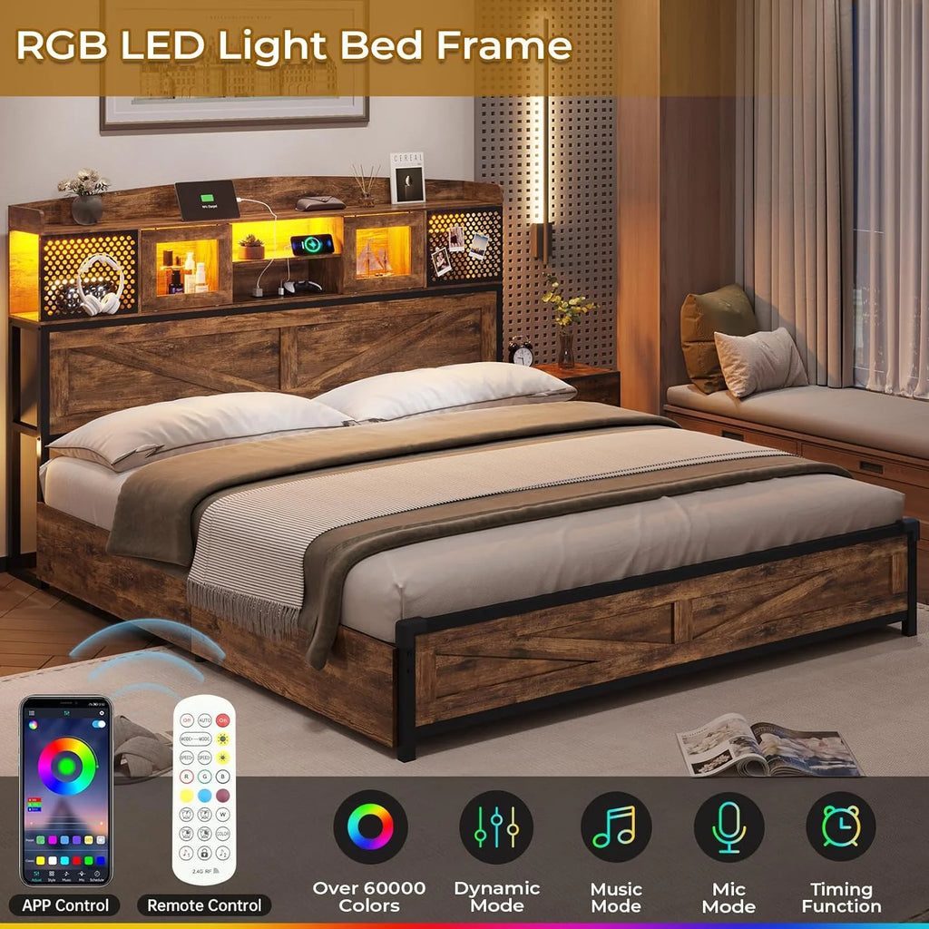 King Size Bed Frame with Charging Station and Sliding Doors E33229