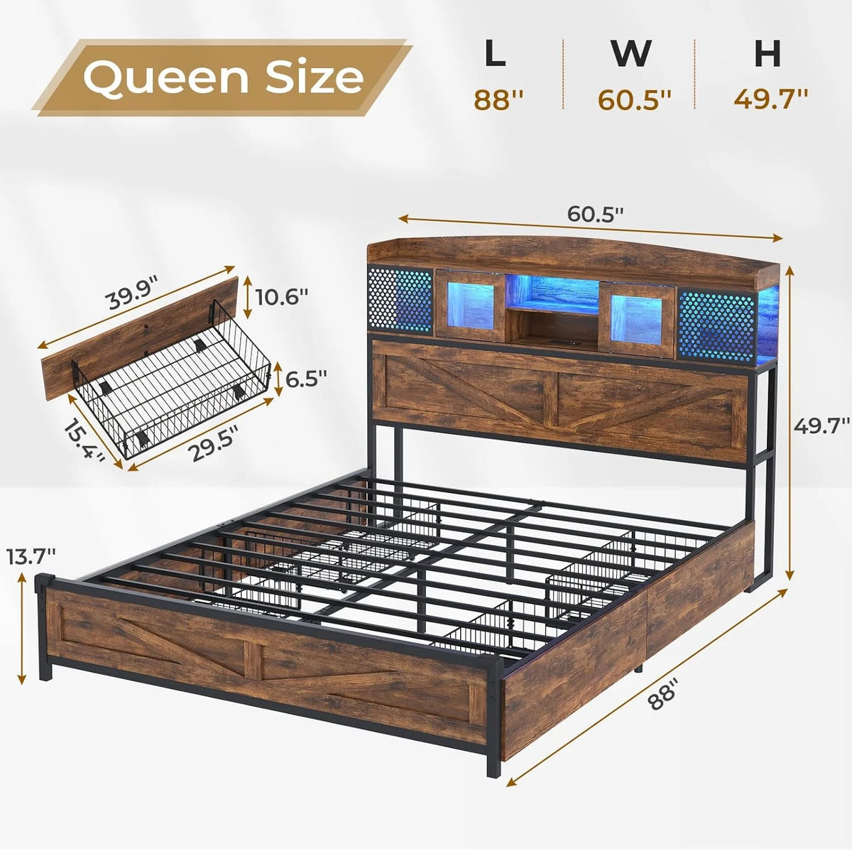 King Size Bed Frame with Charging Station and Sliding Doors E33229