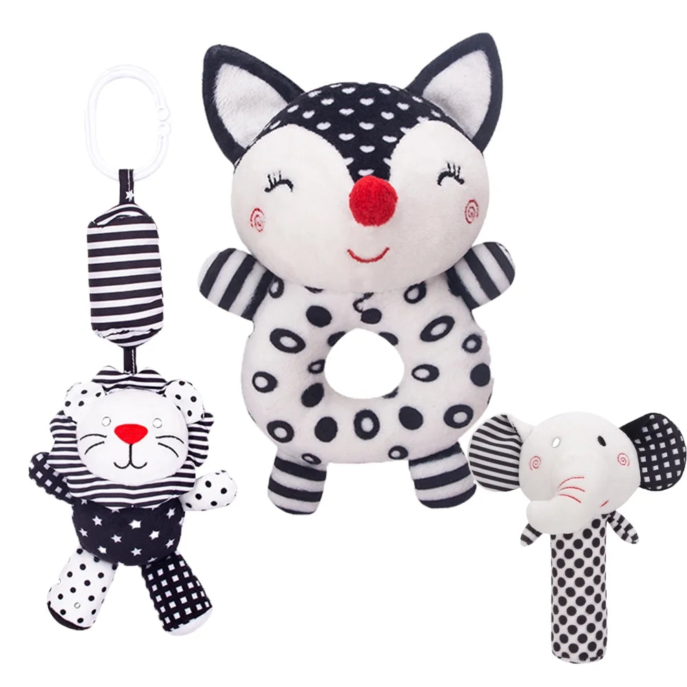 3PCS Black and White Baby Rattles Plush Stuffed Animal Rattle A481