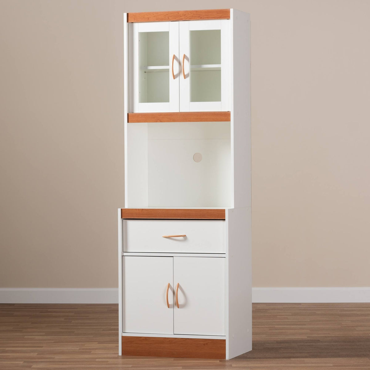 White and Cherry Kitchen Cabinet and Hutch L48901