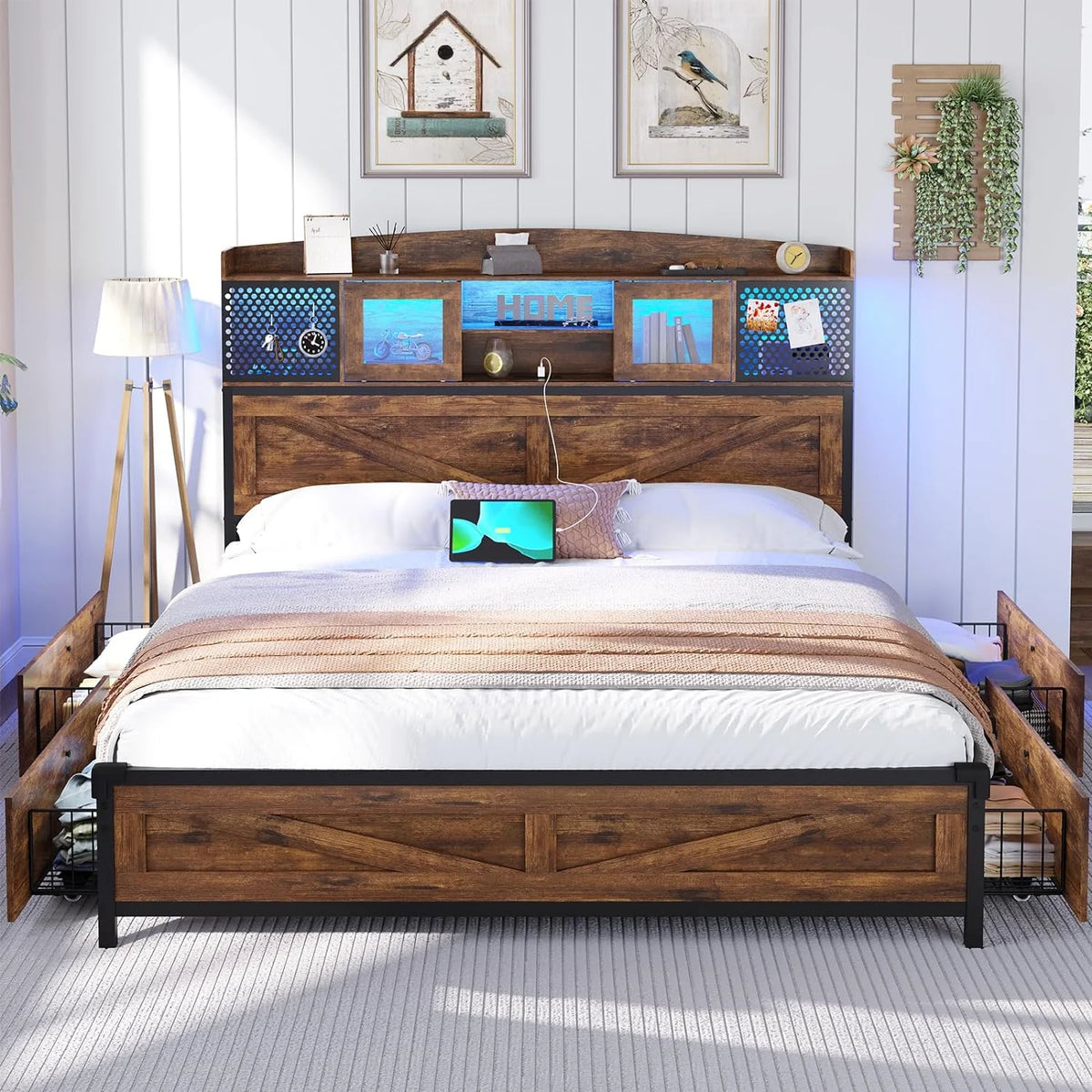 King Size Bed Frame with Charging Station and Sliding Doors E33229