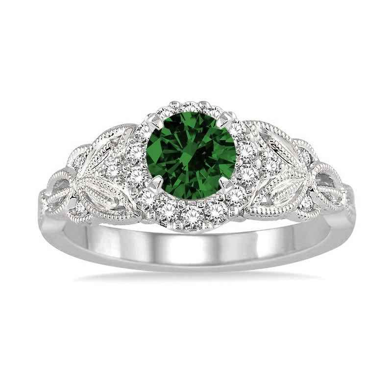 1.25 Carat Antique Round Cut Emerald and Diamond Engagement Ring in 14k White Gold O4225
