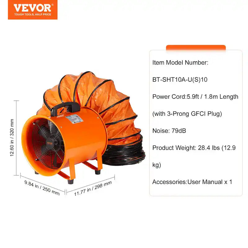 10 in. Heavy-Duty Portable Blower Fan with Duct Hose Q168