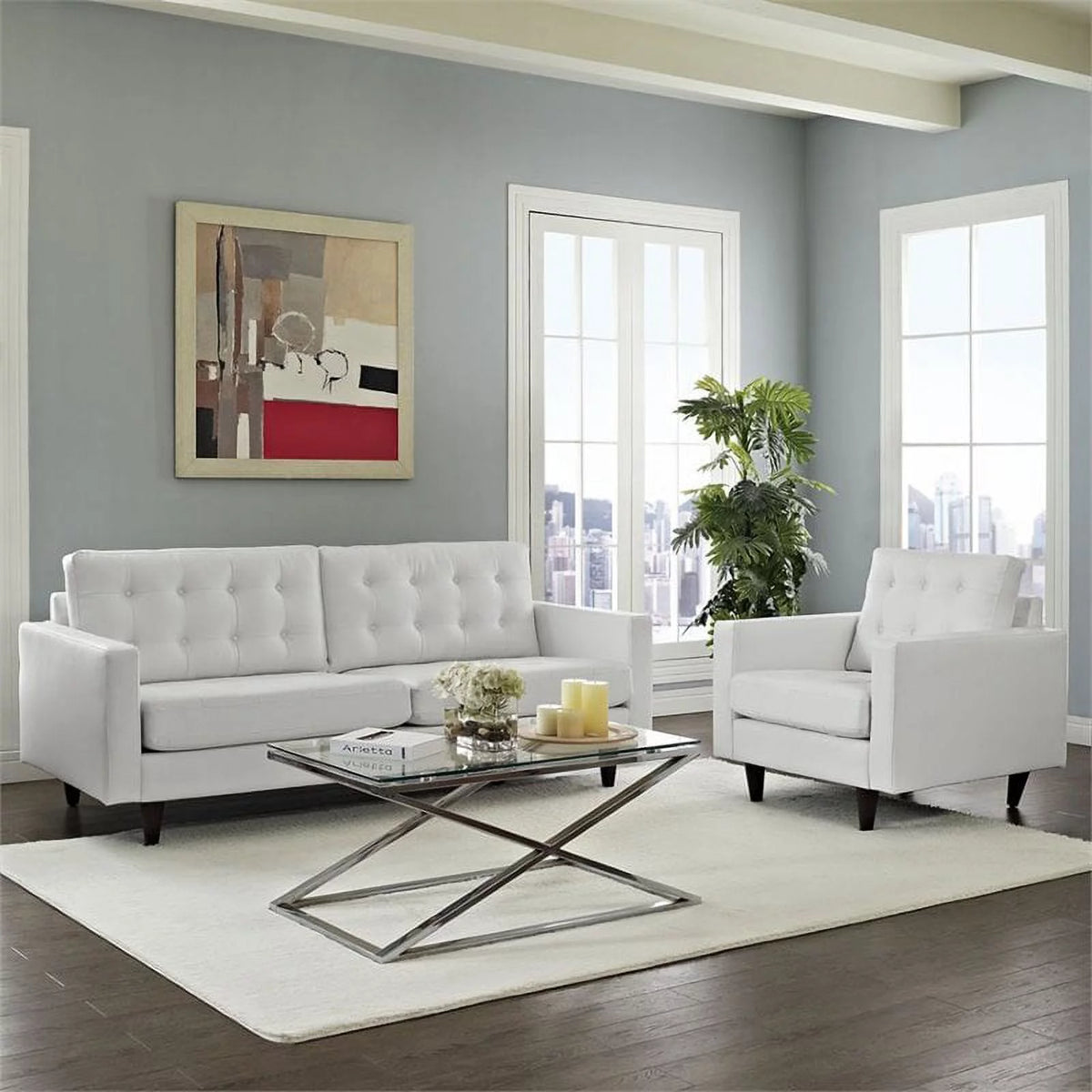 2 Piece White Leather Tufted Sofa Set G327344