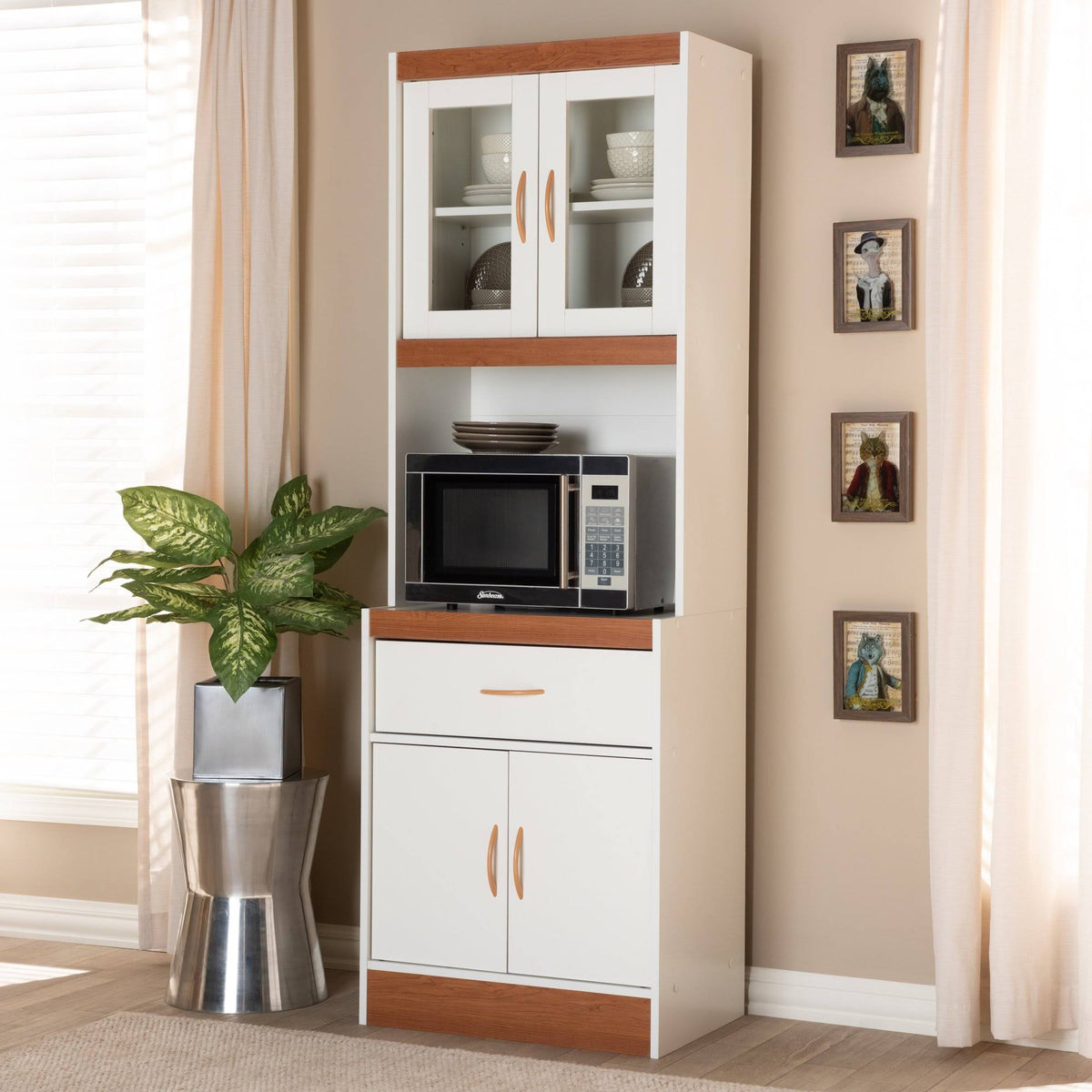 White and Cherry Kitchen Cabinet and Hutch L48901