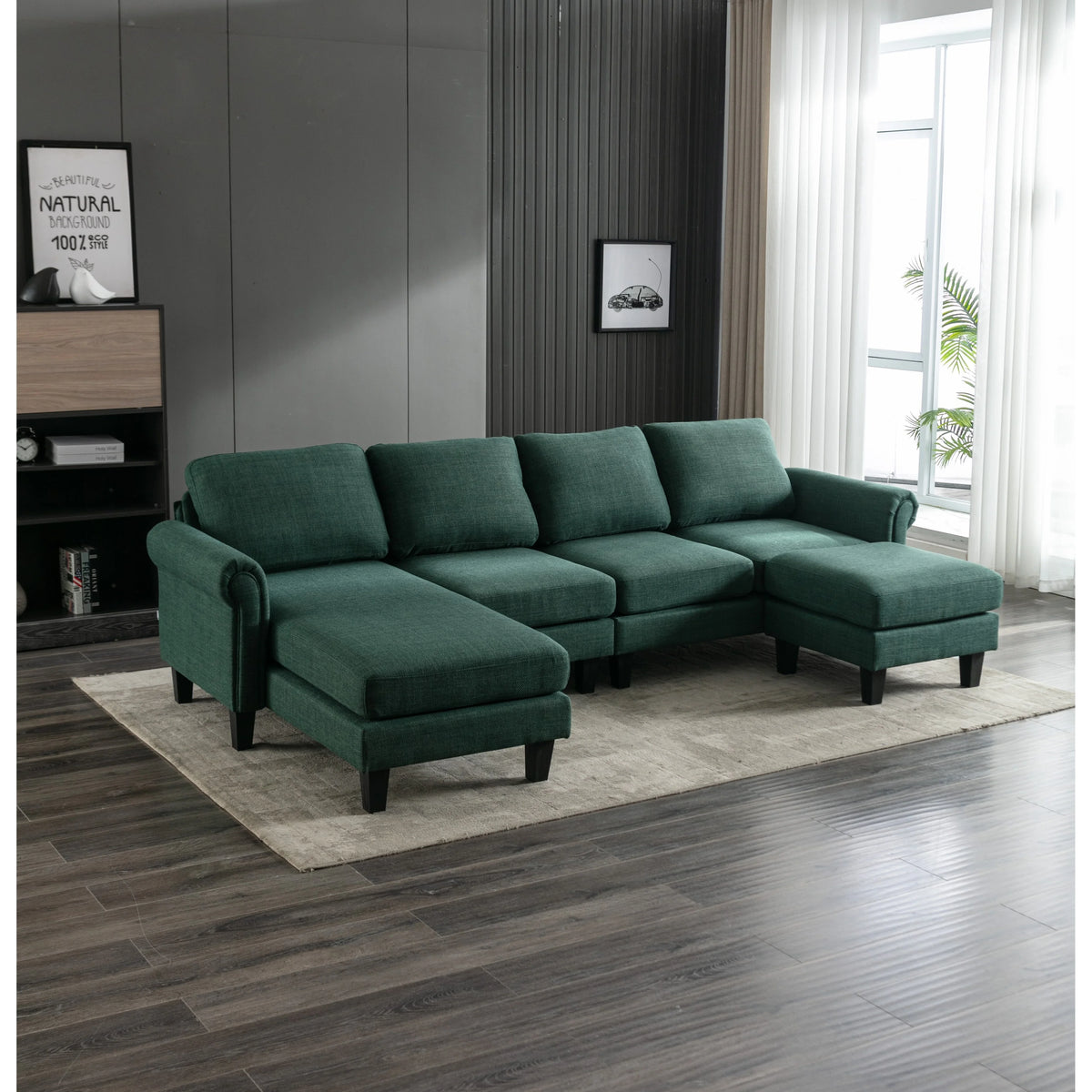 Charcoal Grey Linen U-shape Sofa Set with Reversible Ottomans D315