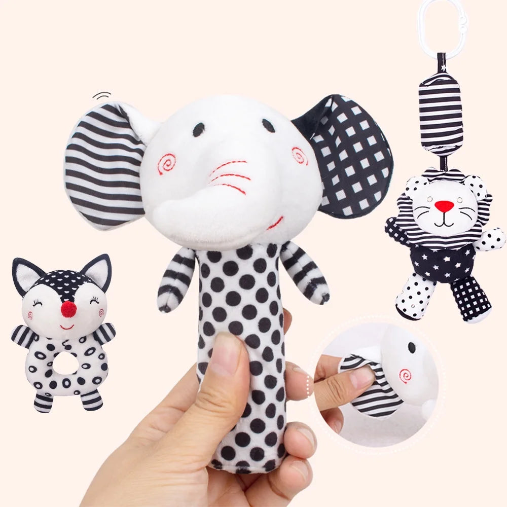 3PCS Black and White Baby Rattles Plush Stuffed Animal Rattle A481
