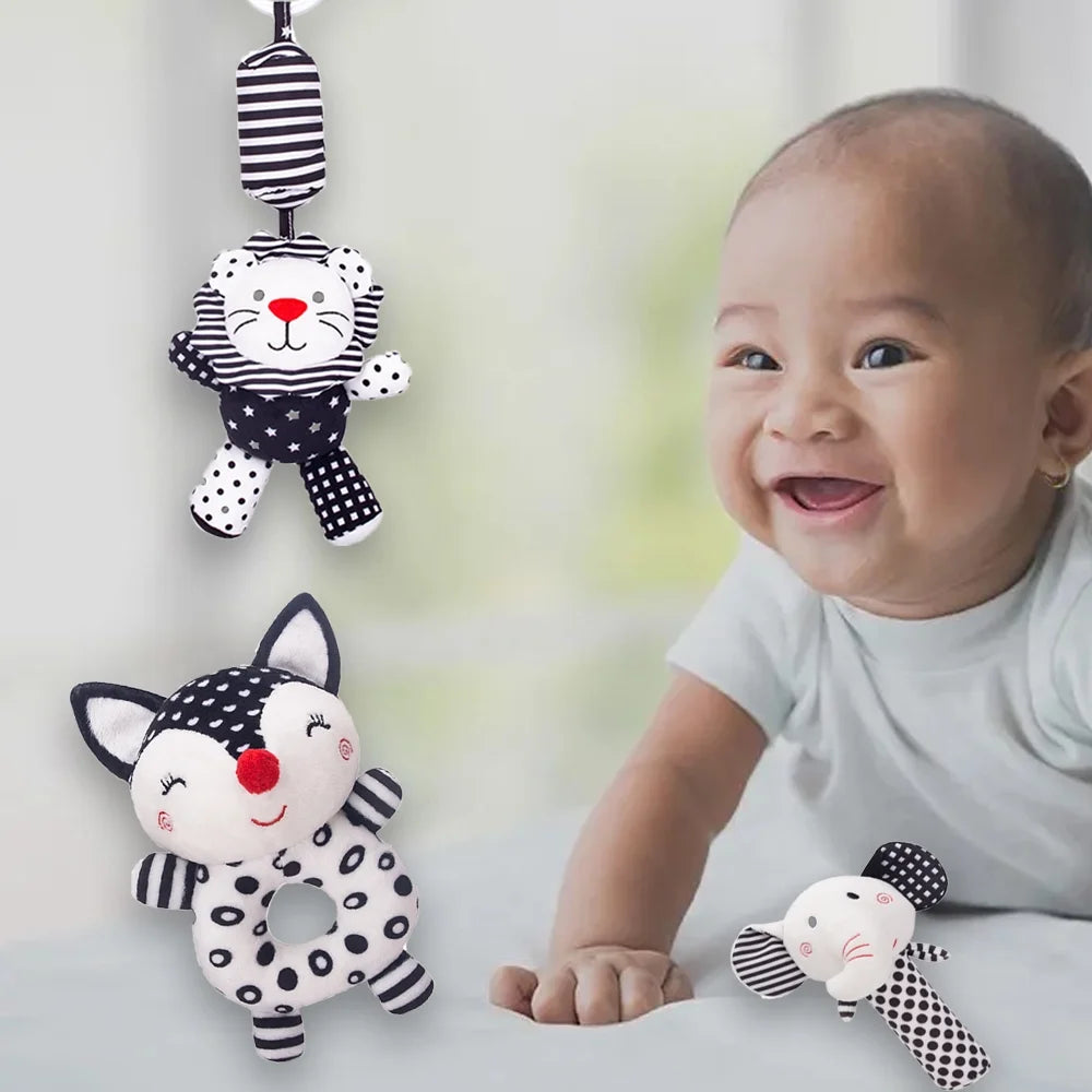 3PCS Black and White Baby Rattles Plush Stuffed Animal Rattle A481