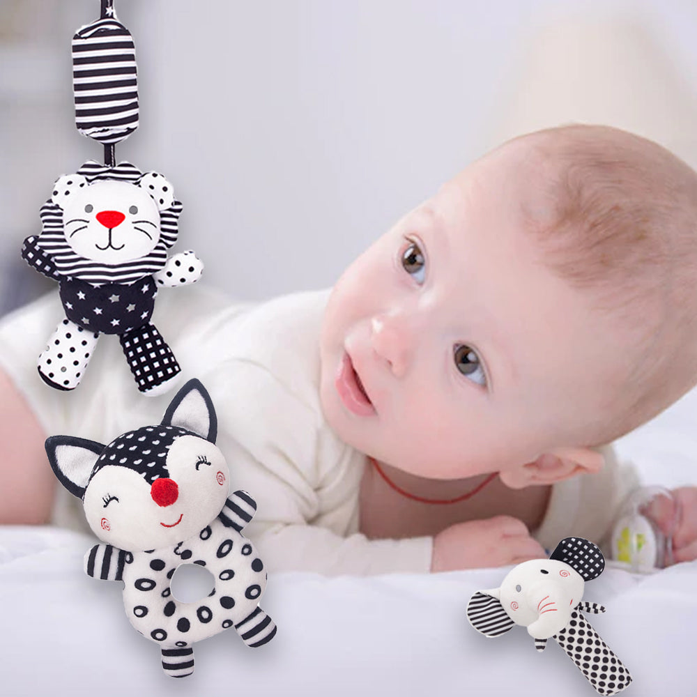 3PCS Black and White Baby Rattles Plush Stuffed Animal Rattle A481