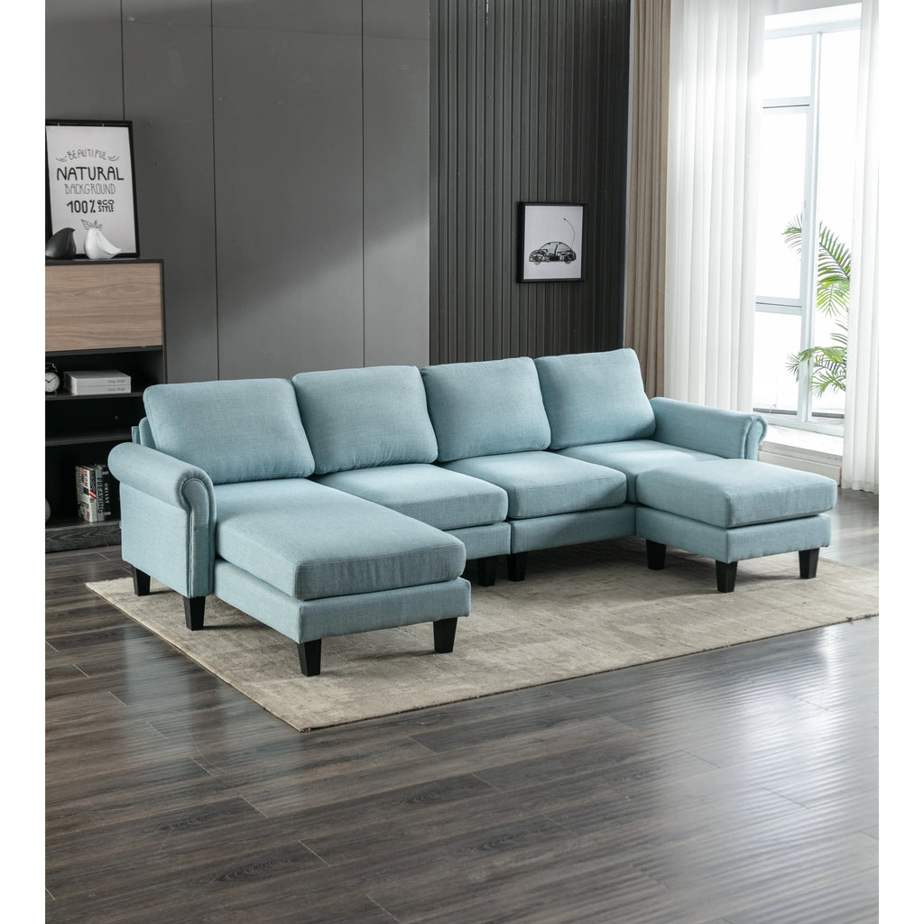 Charcoal Grey Linen U-shape Sofa Set with Reversible Ottomans D315