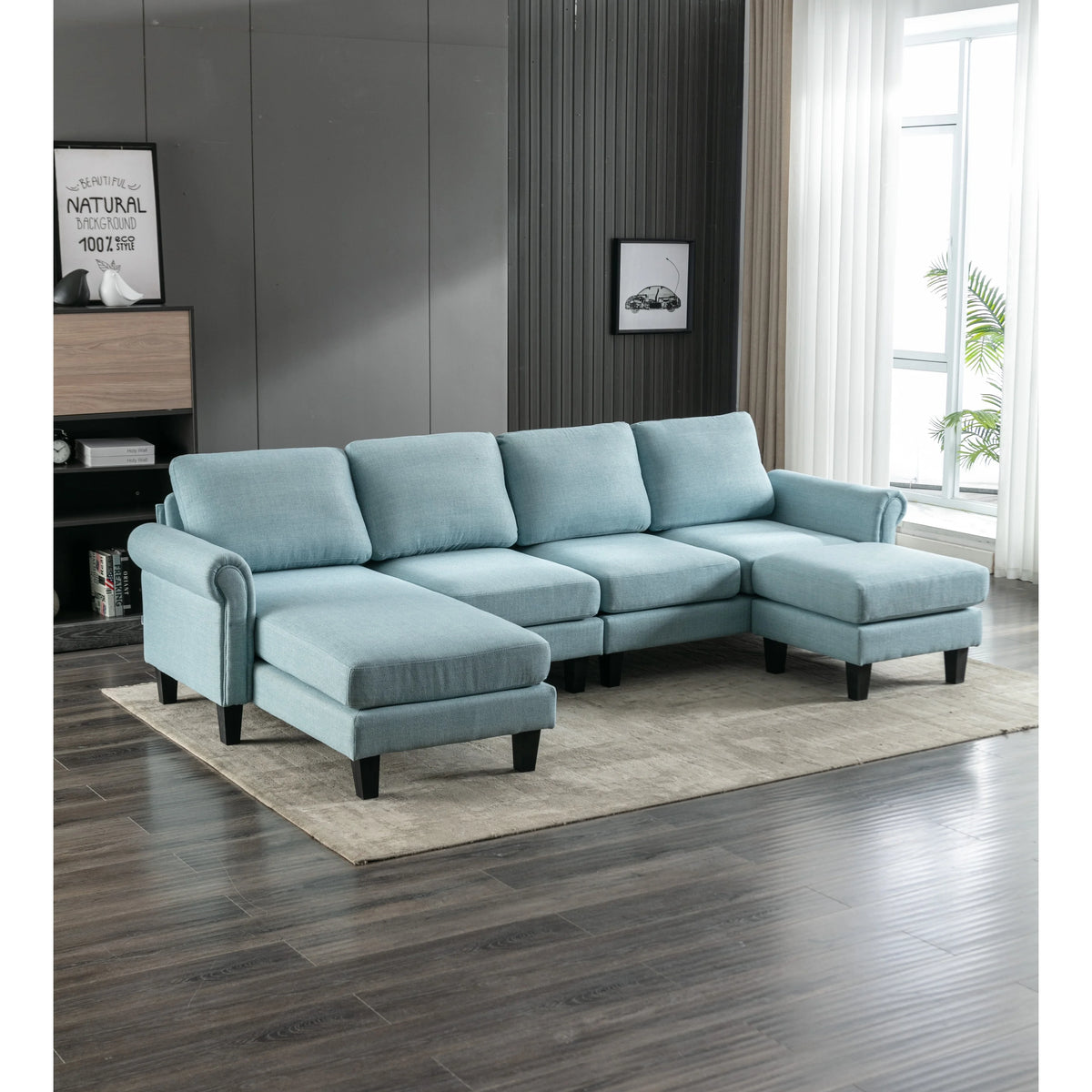 Charcoal Grey Linen U-shape Sofa Set with Reversible Ottomans D315