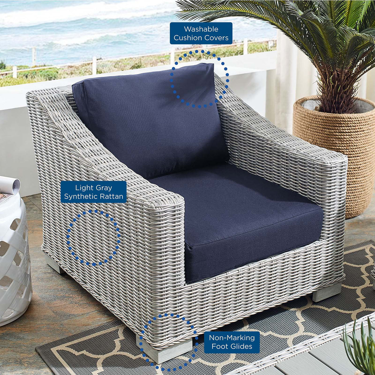Light Gray Navy Wicker Rattan Outdoor Patio Armchair X178385