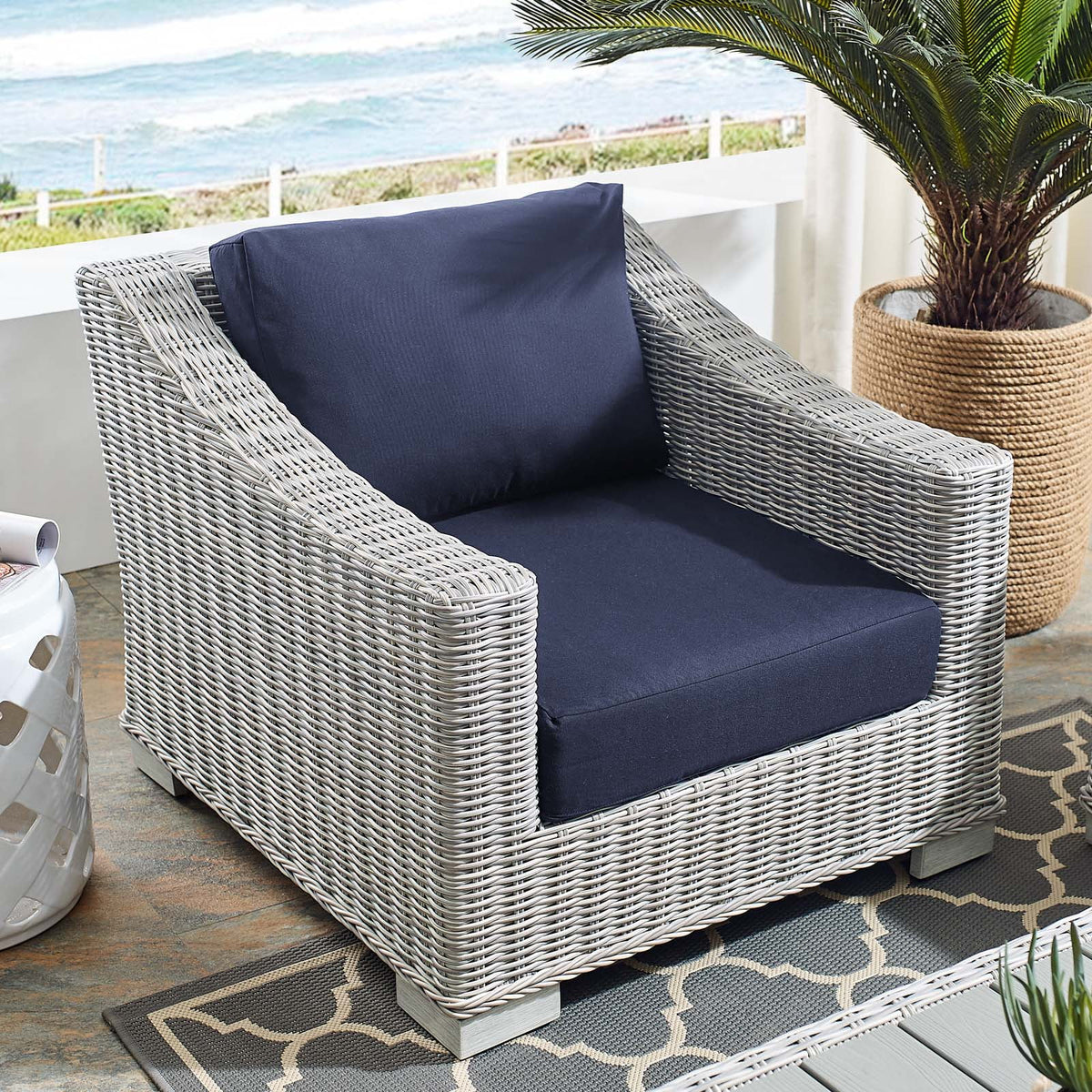 Light Gray Navy Wicker Rattan Outdoor Patio Armchair X178385