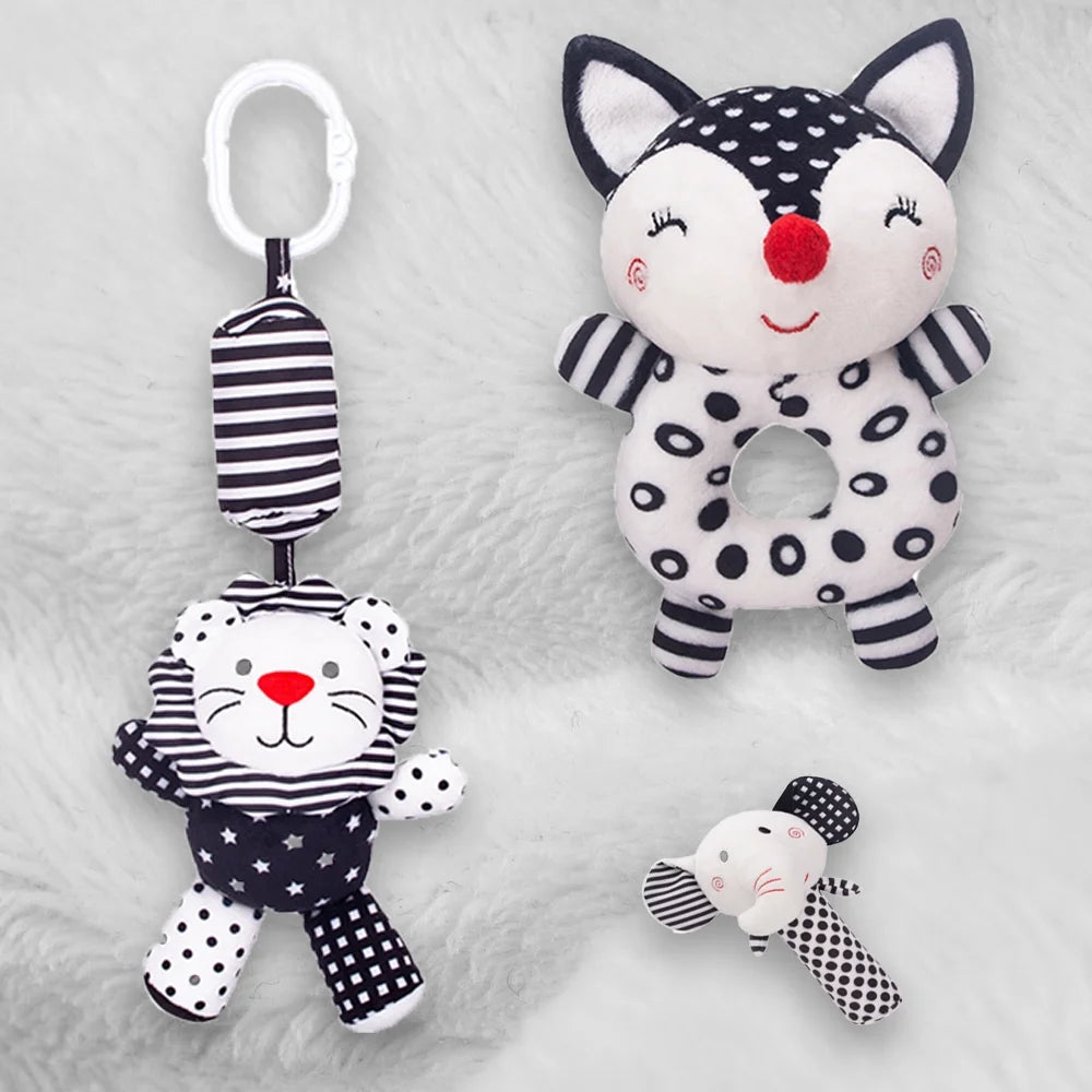 3PCS Black and White Baby Rattles Plush Stuffed Animal Rattle A481