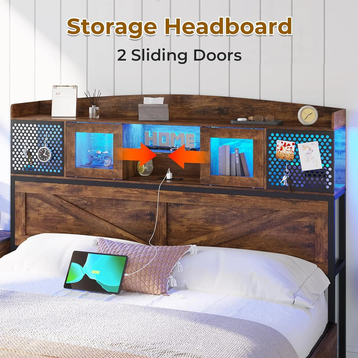 King Size Bed Frame with Charging Station and Sliding Doors E33229
