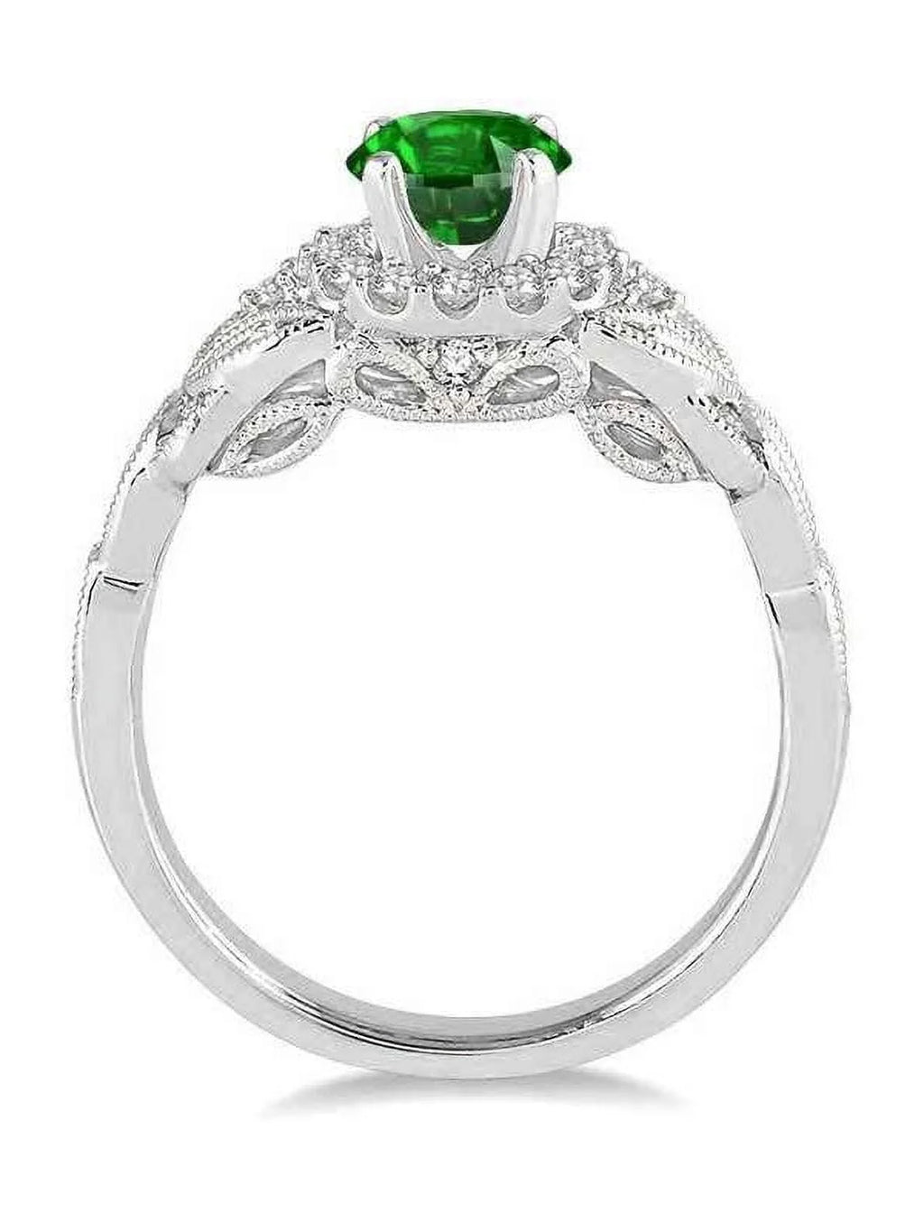 1.25 Carat Antique Round Cut Emerald and Diamond Engagement Ring in 14k White Gold O4225