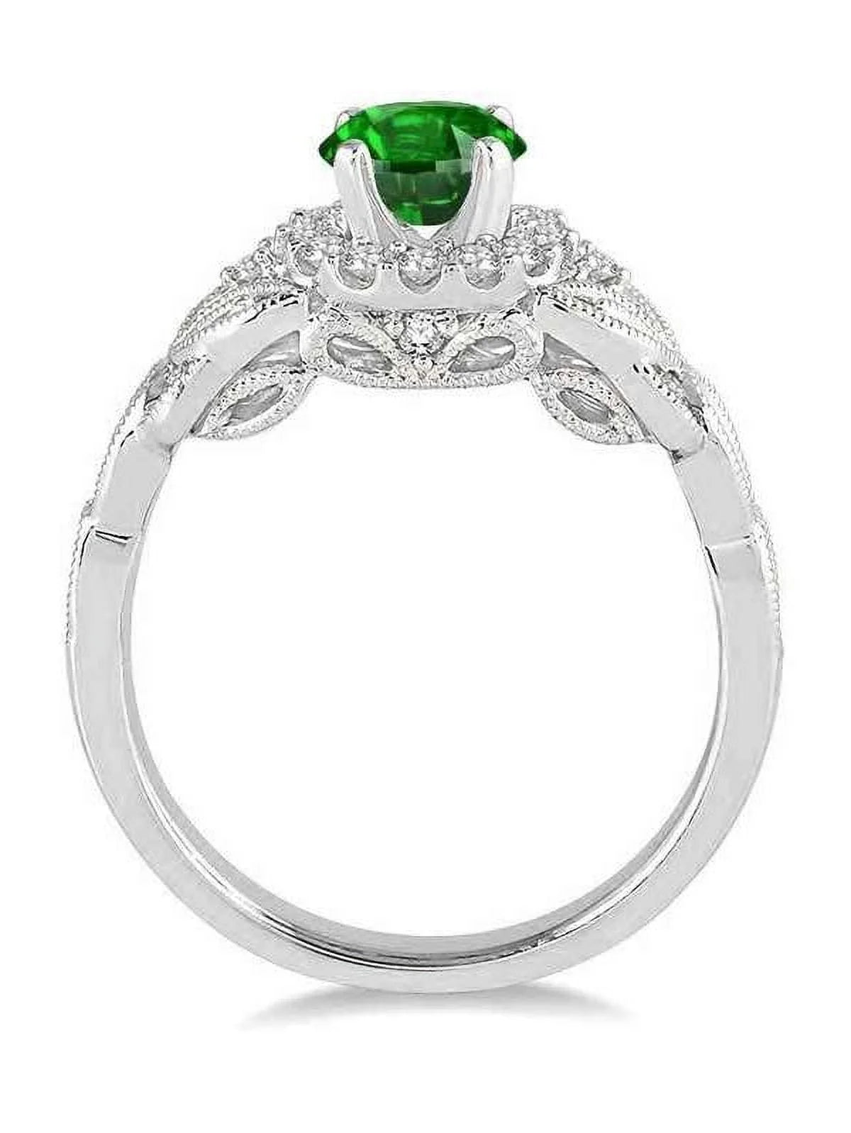 1.25 Carat Antique Round Cut Emerald and Diamond Engagement Ring in 14k White Gold O4225