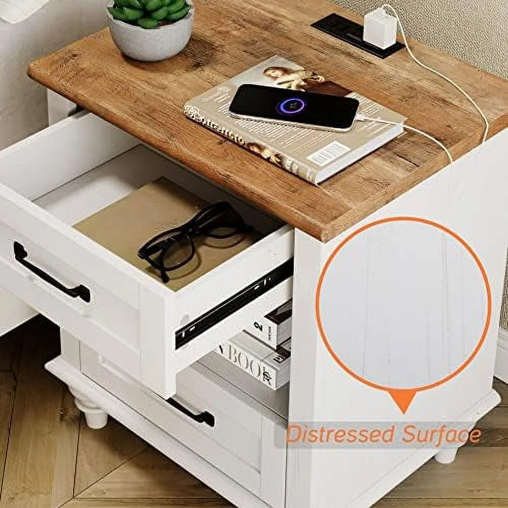 Farmhouse End Tables with Charging Station 2 Drawers Oak L77787
