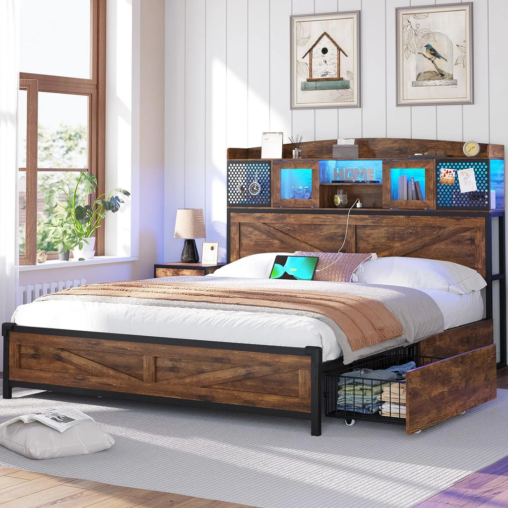 King Size Bed Frame with Charging Station and Sliding Doors E33229