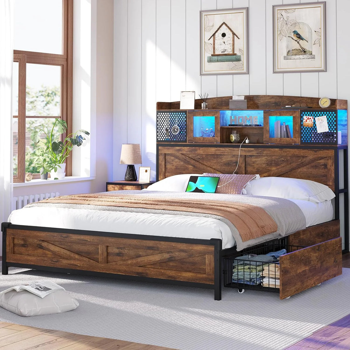 King Size Bed Frame with Charging Station and Sliding Doors E33229