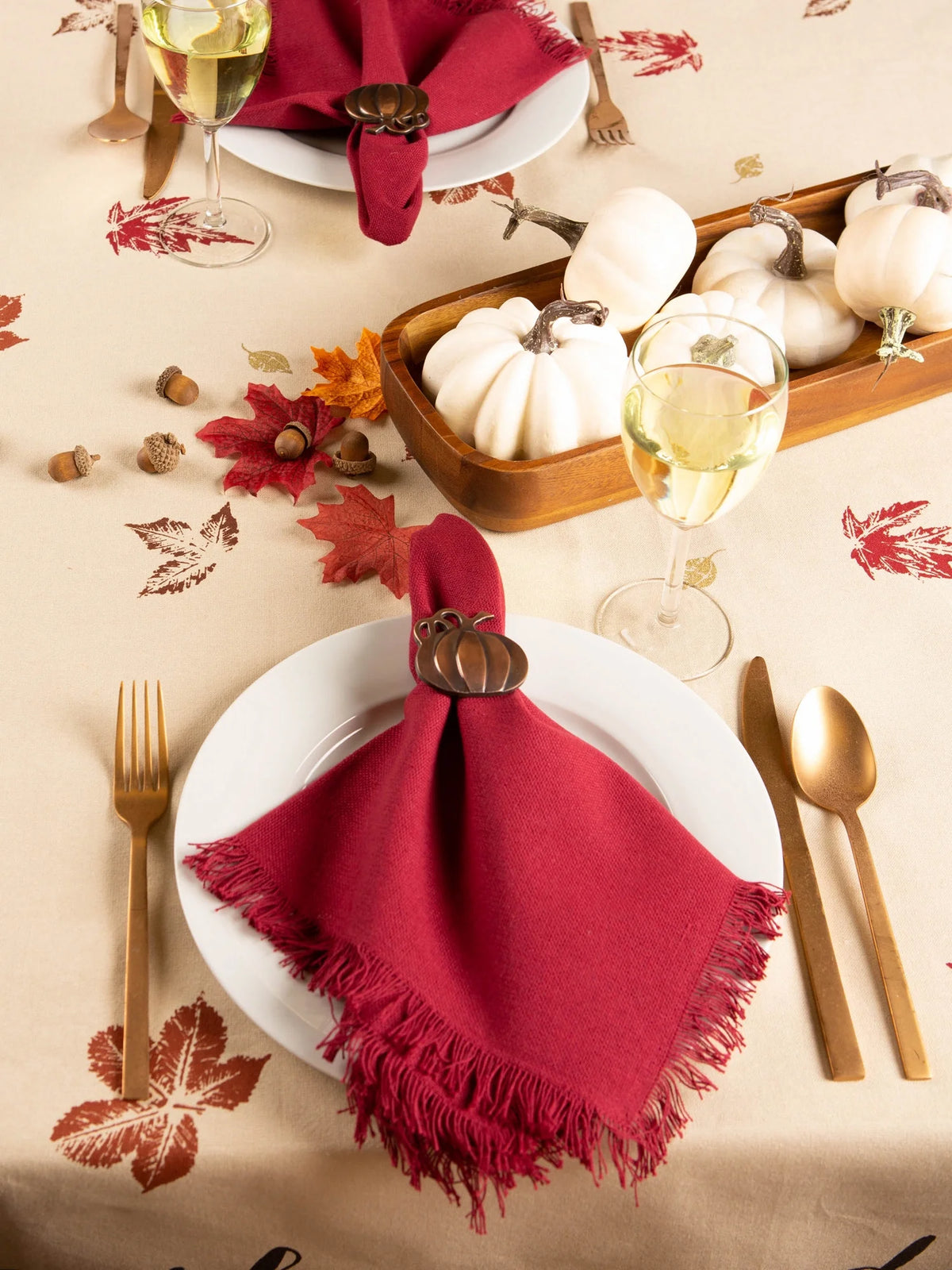 Ivory Rustic Leaves Print Rectangular Tablecloth 60" x 104" R348