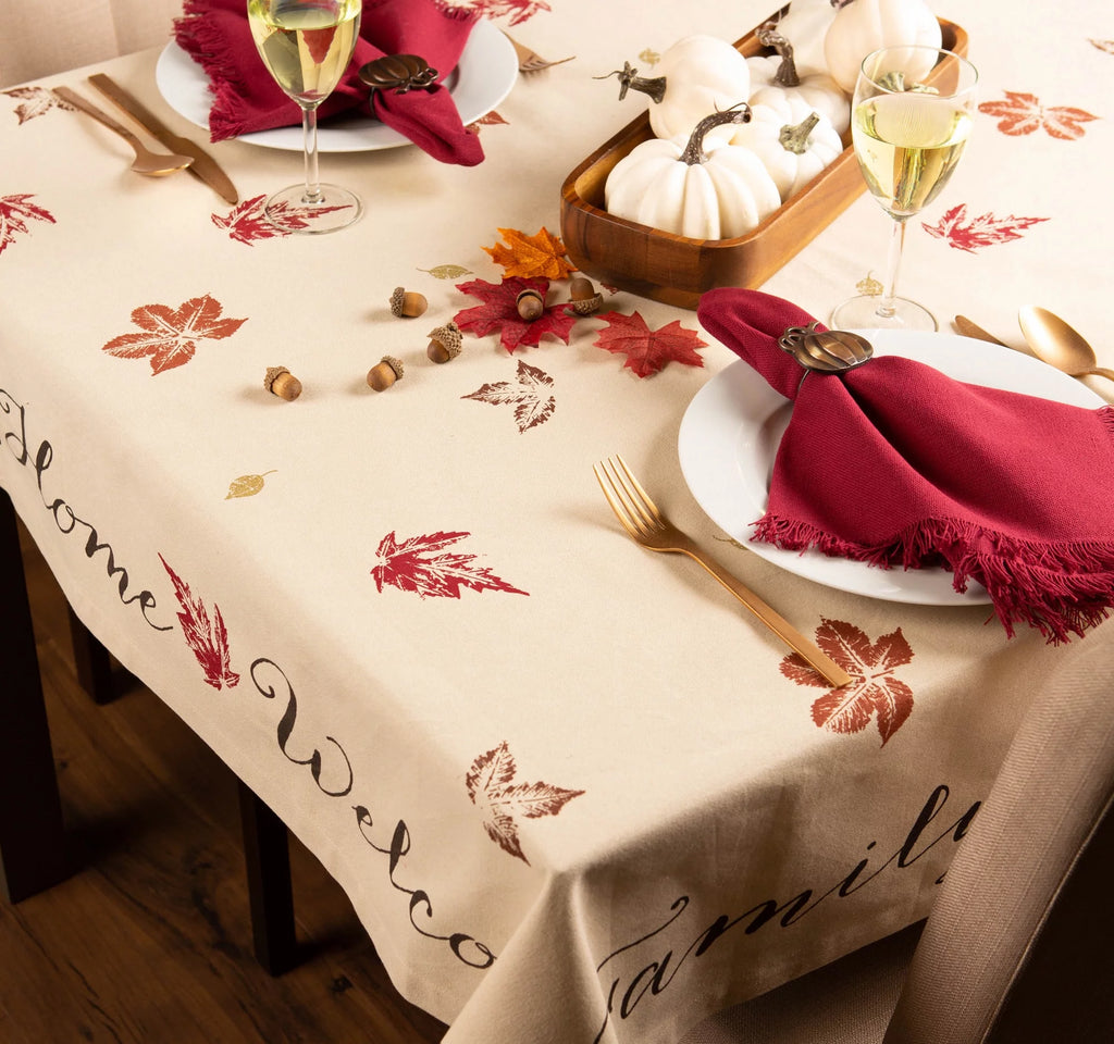 Ivory Rustic Leaves Print Rectangular Tablecloth 60" x 104" R348