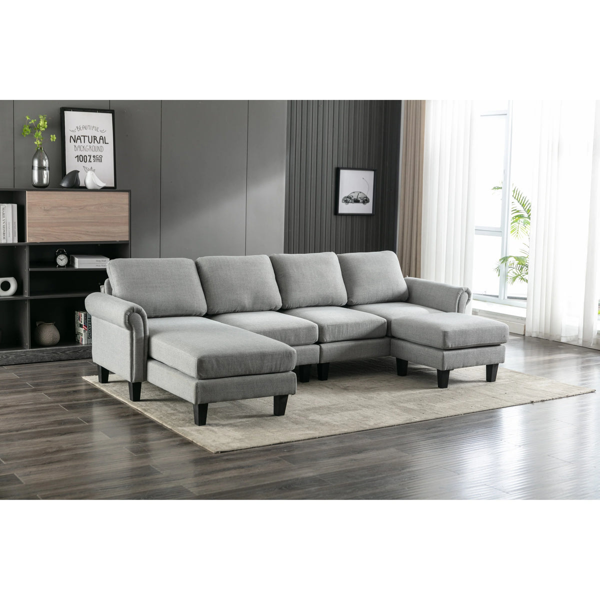 Charcoal Grey Linen U-shape Sofa Set with Reversible Ottomans D315