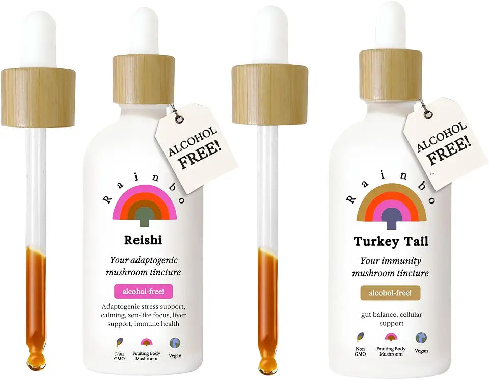 Alcohol Free Mushroom Bundle, Reishi Mushroom Extract + Turkey Tail Mushroom Tincture, Vegan Liquid Mushroom Supplements D33650