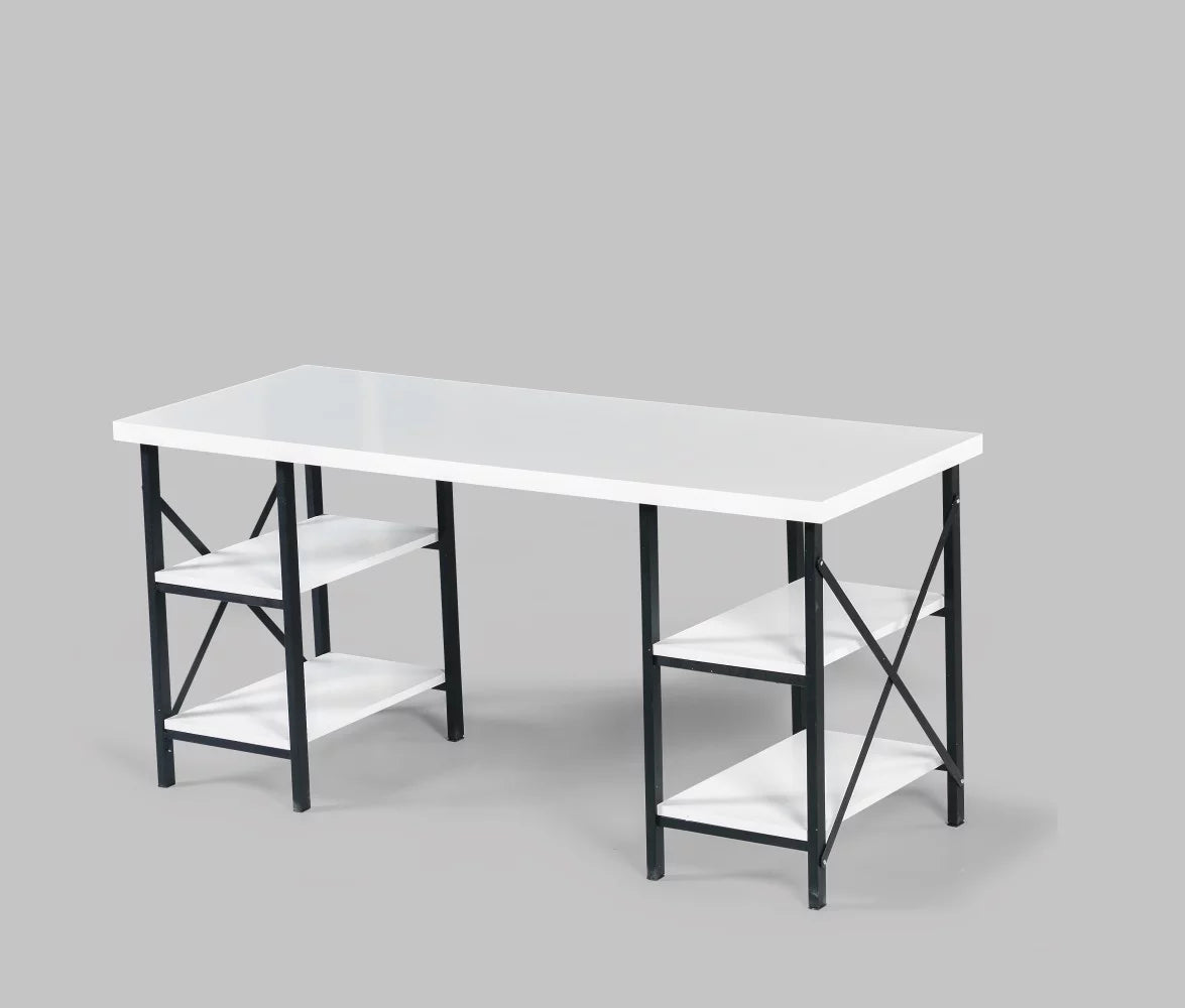 White 4 Shelves Metal Frame Wood Top Writing and Computer Desk U575